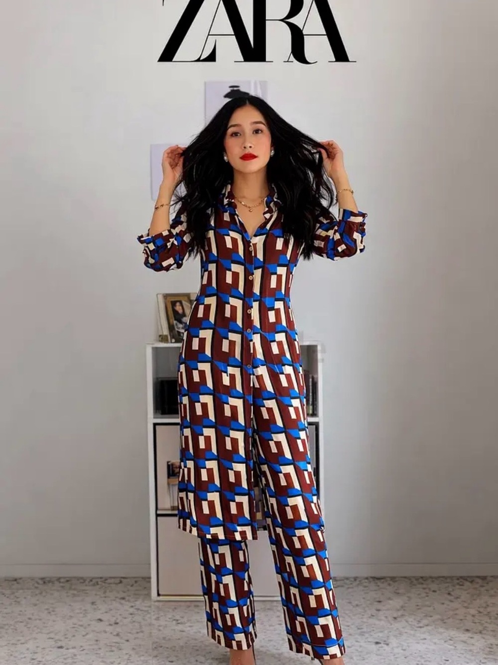 ZARA ZW Collection Geometric Print Blue, Brown & White Flare Pants